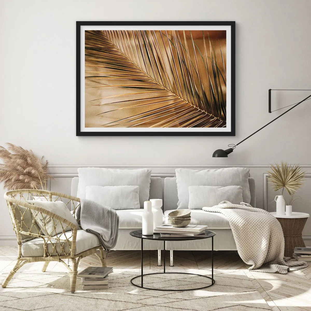 Póster en marco negro - Hoja de palma dorada sobre un fondo sólido - 100x70cm - Una columnata natural - Decoración de pared moderna para salón y dormitorio ARTTOR