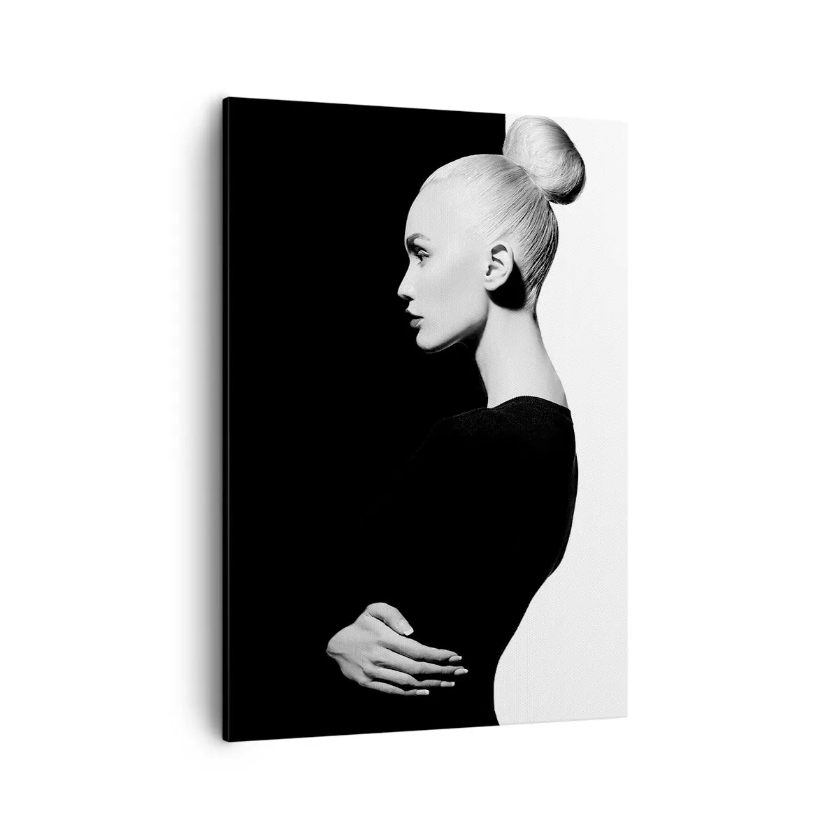 Cuadro sobre lienzo - Impresión de Imagen - Retrato elegante de una mujer sobre un fondo blanco y negro. - 50x70cm - Simplemente femenina - Decoración de pared moderna para salón y dormitorio ARTTOR
