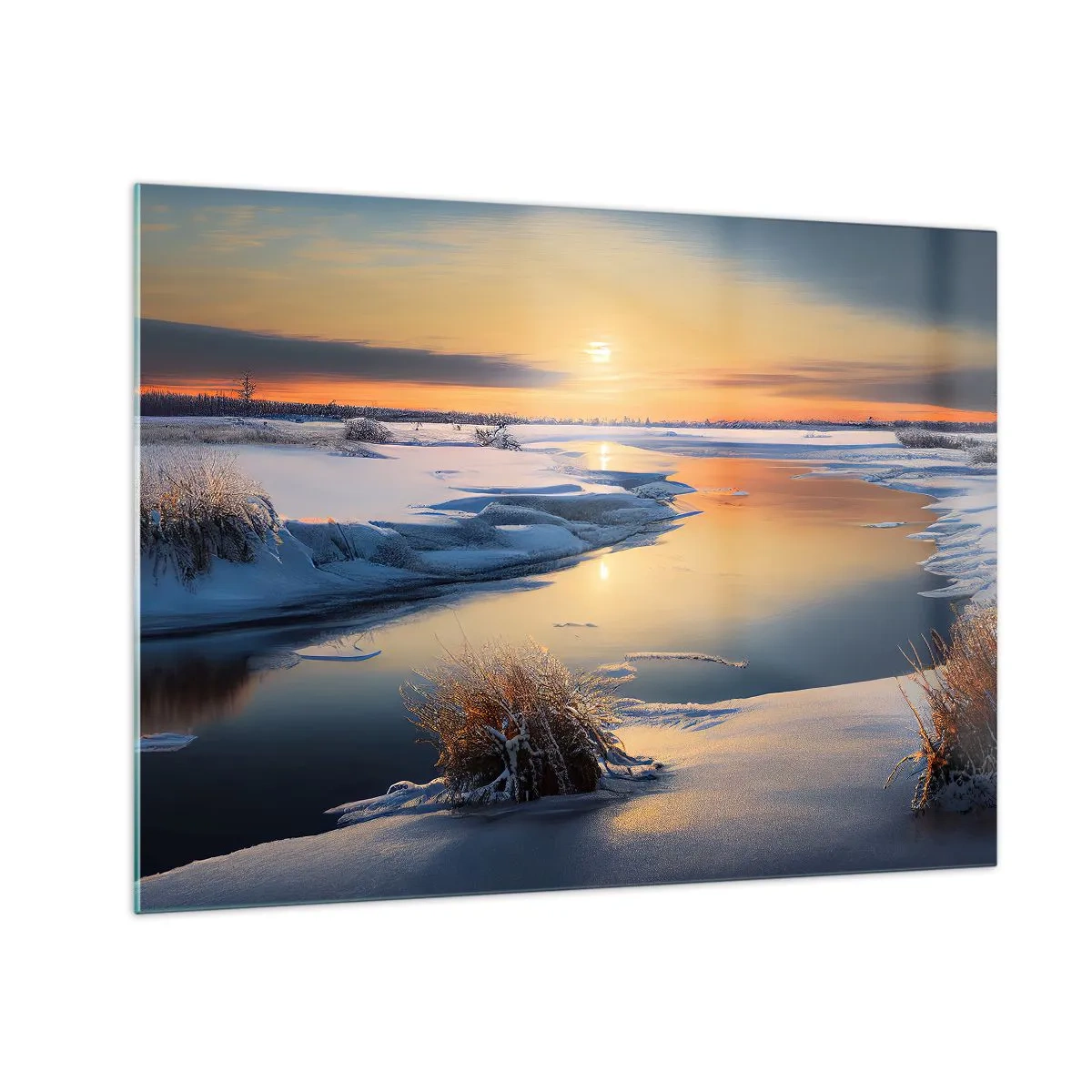 Cuadro sobre vidrio - Impresiones sobre Vidrio - Paisaje invernal con puesta de sol sobre un río helado - 70x50cm - Atardecer de invierno - Decoración de pared moderna para salón y dormitorio ARTTOR