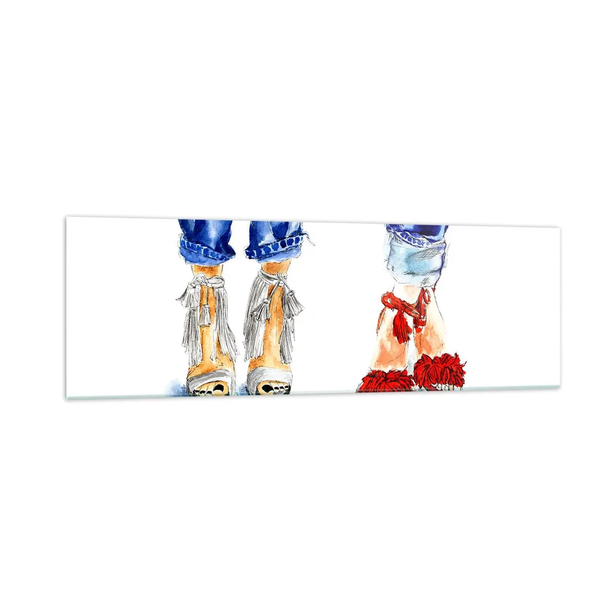 Cuadro sobre vidrio - Impresiones sobre Vidrio - Ilustración de dos pares de zapatos con elegantes sandalias y jeans. - 160x50cm - ¿Por qué no vamos a dar un paseo? - Decoración de pared moderna para salón y dormitorio ARTTOR