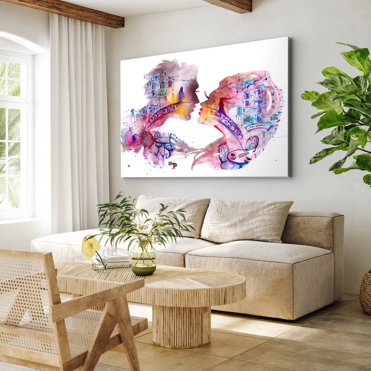 Cuadro sobre lienzo - Impresión de Imagen - Una acuarela romántica que representa las siluetas de los amantes. - 70x50cm - Un puente secreto de suspiros - Decoración de pared moderna para salón y dormitorio ARTTOR