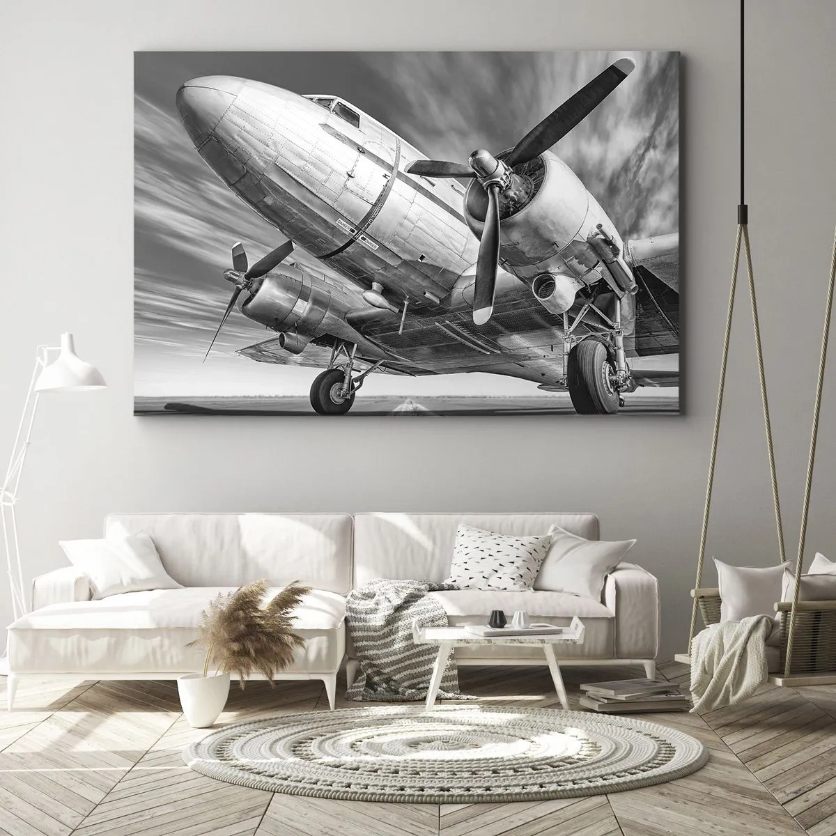 Cuadro sobre lienzo - Impresión de Imagen - Una imagen en blanco y negro de un avión clásico con detalles estructurales visibles. - 70x50cm - Siempre listo para volar - Decoración de pared moderna para salón y dormitorio ARTTOR