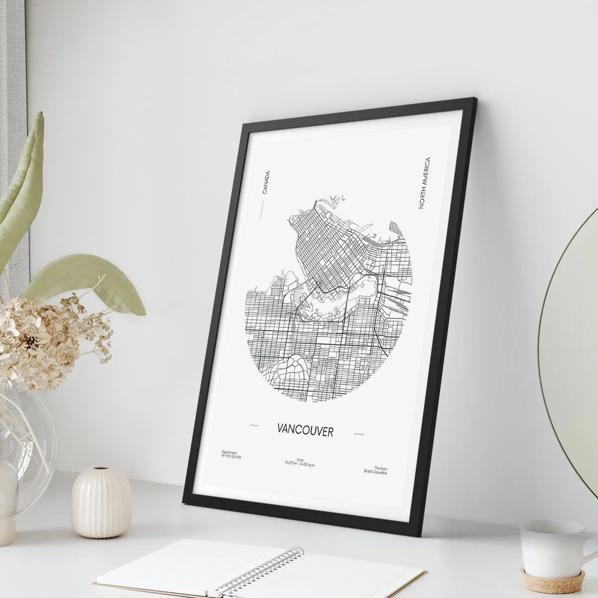 Póster en marco negro - Un mapa minimalista en blanco y negro de Vancouver - 50x70cm - Anatomía de Vancouver - Decoración de pared moderna para salón y dormitorio ARTTOR
