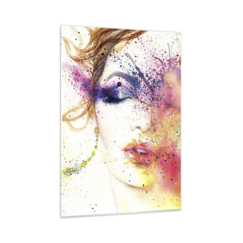 Cuadro sobre vidrio - Impresiones sobre Vidrio - Retrato abstracto de una mujer con salpicaduras de pintura de arcoíris - 50x70cm - Vértigo del arco iris - Decoración de pared moderna para salón y dormitorio ARTTOR