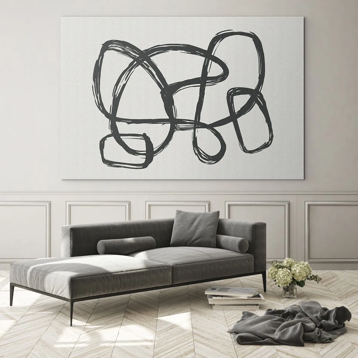 Cuadro sobre vidrio - Impresiones sobre Vidrio - Los bucles y líneas negros forman una composición abstracta sobre un fondo blanco. - 70x50cm - Abstracción en bucle - Decoración de pared moderna para salón y dormitorio ARTTOR