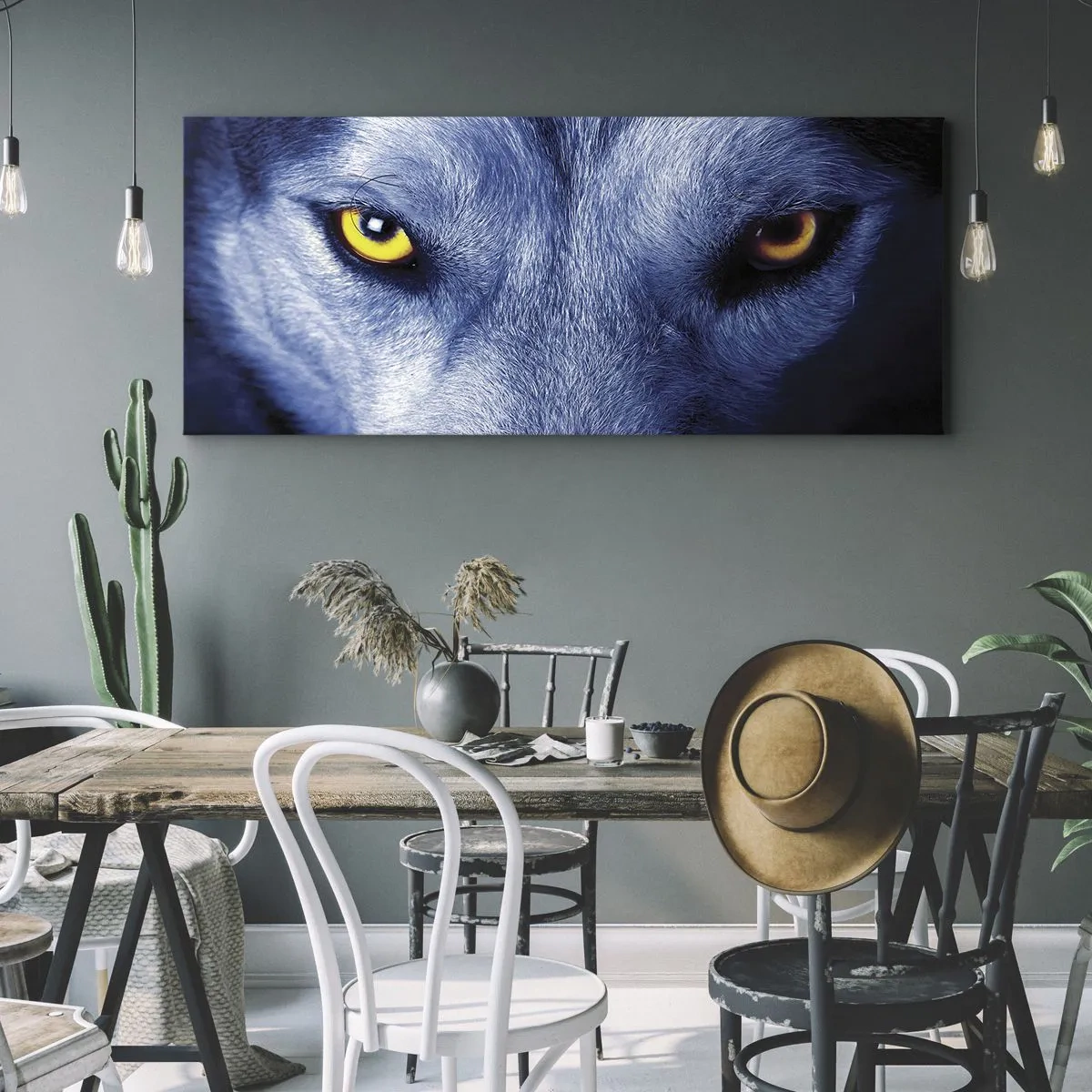 Cuadro sobre lienzo - Impresión de Imagen - Primer plano de la intensa mirada de un lobo sobre un fondo oscuro. - 160x50cm - La mirada hipnótica - Decoración de pared moderna para salón y dormitorio ARTTOR