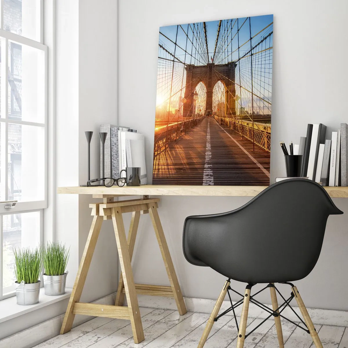 Cuadro sobre vidrio - Impresiones sobre Vidrio - El puente a la luz del sol poniente con vistas a la ciudad. - 80x120cm - En el puente dorado - Decoración de pared moderna para salón y dormitorio ARTTOR