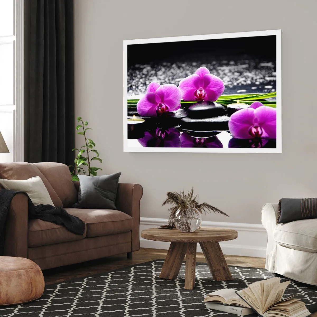 Póster - Orquídeas moradas sobre un fondo de piedras y velas en un entorno relajante. - 100x70cm - Ahogarse en la paz y la tranquilidad - Decoración de pared moderna para salón y dormitorio ARTTOR