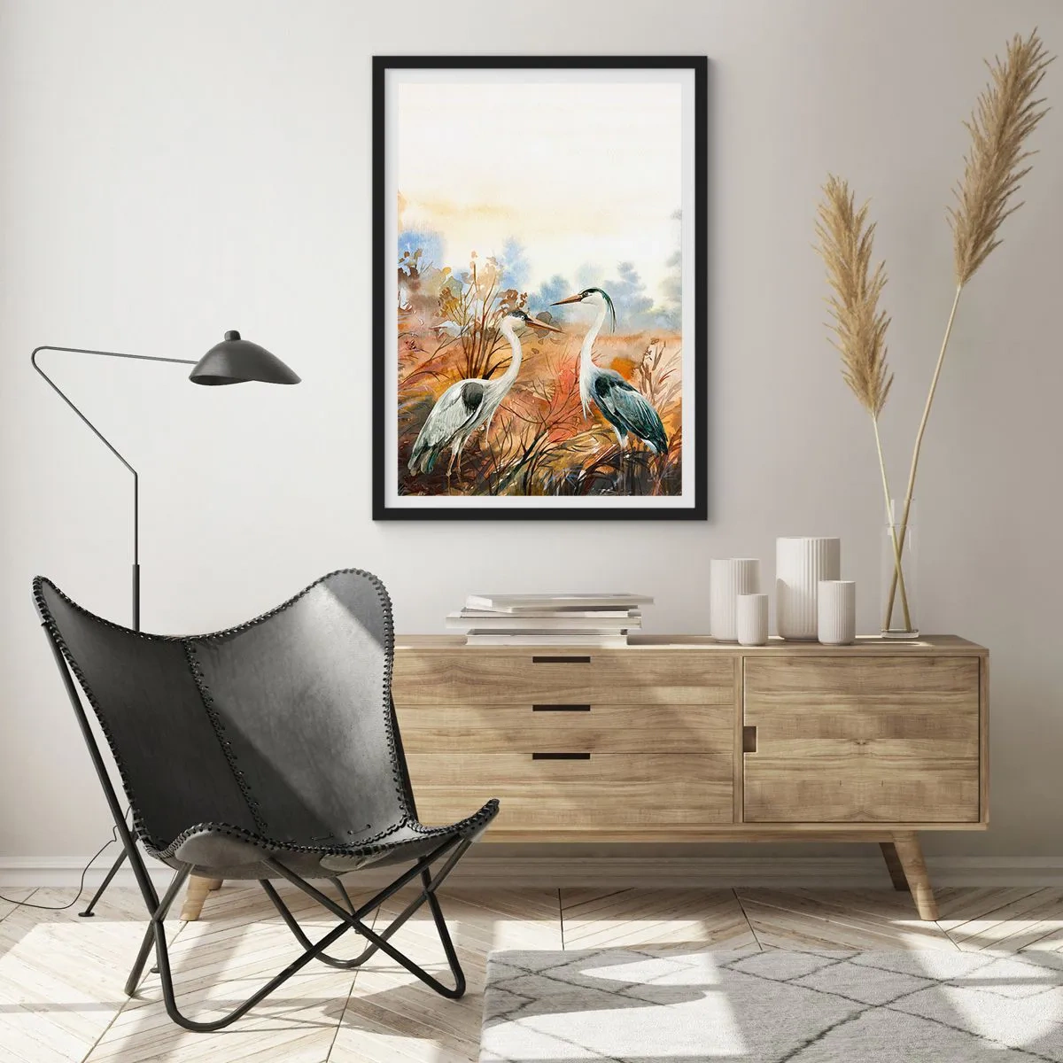Póster en marco negro - Grúas sobre el fondo de un paisaje otoñal en acuarela. - 50x70cm - ¿A dónde nos dirigimos en otoño? - Decoración de pared moderna para salón y dormitorio ARTTOR