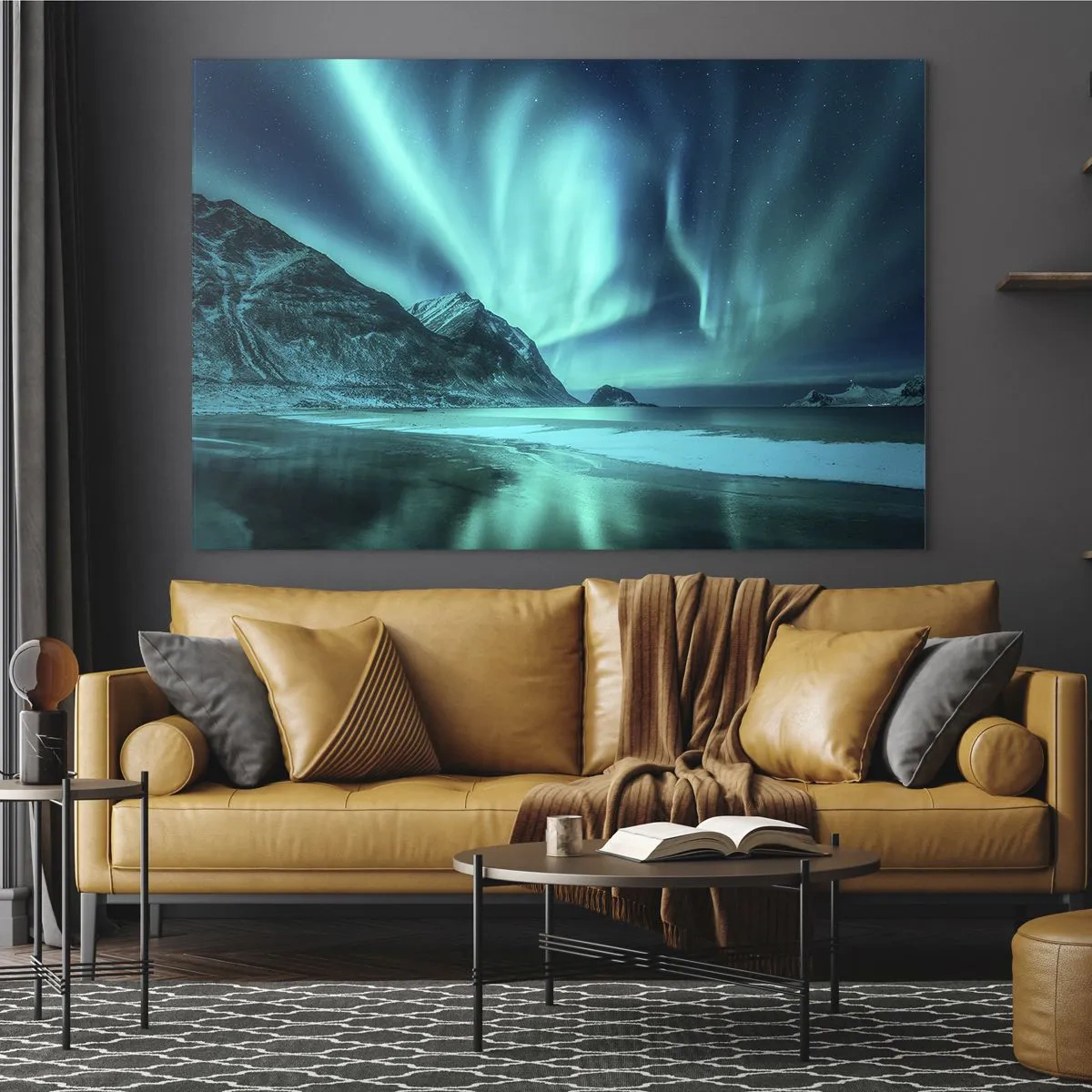 Cuadro sobre vidrio - Impresiones sobre Vidrio - Aurora boreal sobre un paisaje montañoso y un mar helado - 100x70cm - Maravillas del norte - Decoración de pared moderna para salón y dormitorio ARTTOR