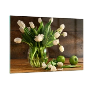 Cuadro sobre vidrio - Impresiones sobre Vidrio - Un jarrón de tulipanes blancos y manzanas verdes sobre una mesa de madera. - 120x80cm - Jugoso y fresco en verde y blanco - Decoración de pared moderna para salón y dormitorio ARTTOR