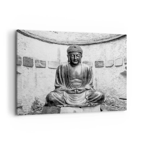 Cuadro sobre lienzo - Impresión de Imagen - Estatua de Buda en blanco y negro en pose meditativa. - 100x70cm - En la fuente de la paz - Decoración de pared moderna para salón y dormitorio ARTTOR