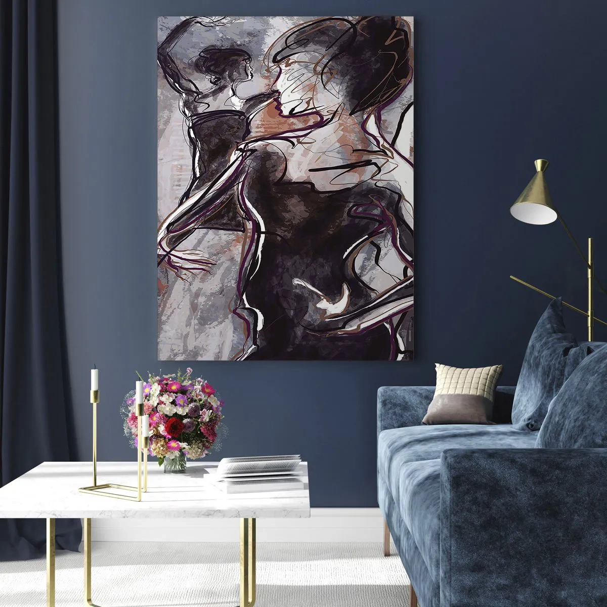 Cuadro sobre vidrio - Impresiones sobre Vidrio - Bailarines y un saxofonista en estilo de boceto artístico. - 50x70cm - Fundirse en uno con la música - Decoración de pared moderna para salón y dormitorio ARTTOR