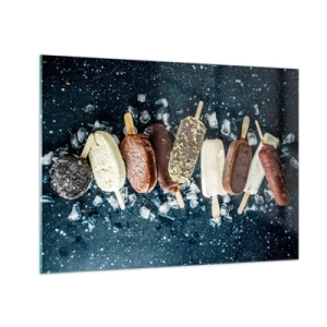 Cuadro sobre vidrio - Impresiones sobre Vidrio - Paletas de varios sabores dispuestas sobre cubitos de hielo. - 70x50cm - El sabor del verano caluroso - Decoración de pared moderna para salón y dormitorio ARTTOR