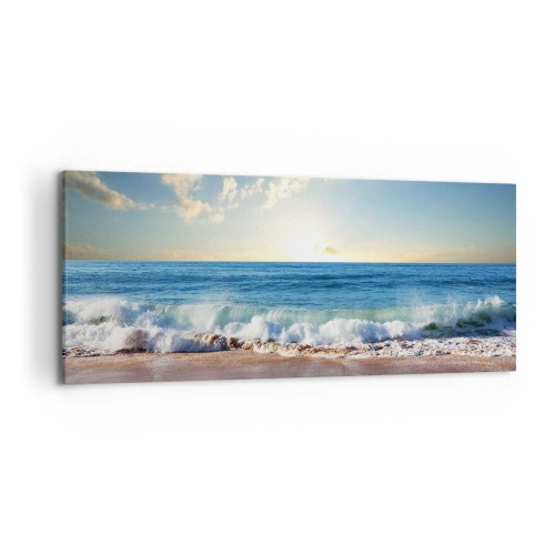 Cuadro sobre lienzo - Impresión de Imagen - Una playa soleada con olas rompiendo en la orilla. - 120x50cm - Movimiento y quietud al mismo tiempo - Decoración de pared moderna para salón y dormitorio ARTTOR