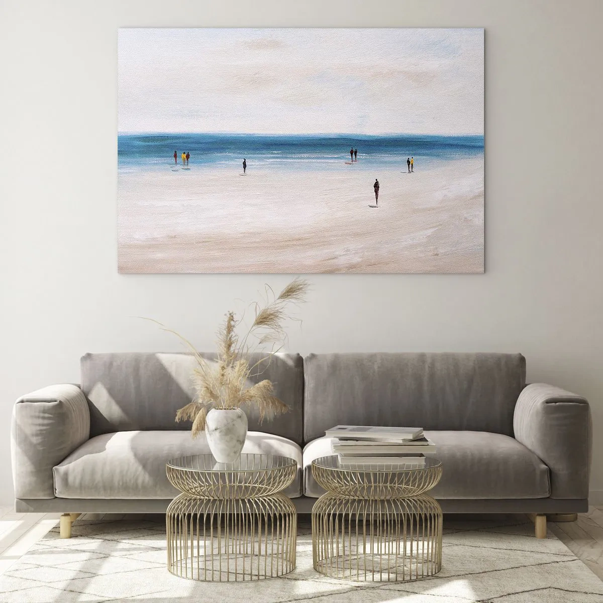 Cuadro sobre vidrio - Impresiones sobre Vidrio - Una playa tranquila con siluetas de personas caminando a lo largo de la línea del mar. - 120x80cm - Necesidad natural - Decoración de pared moderna para salón y dormitorio ARTTOR