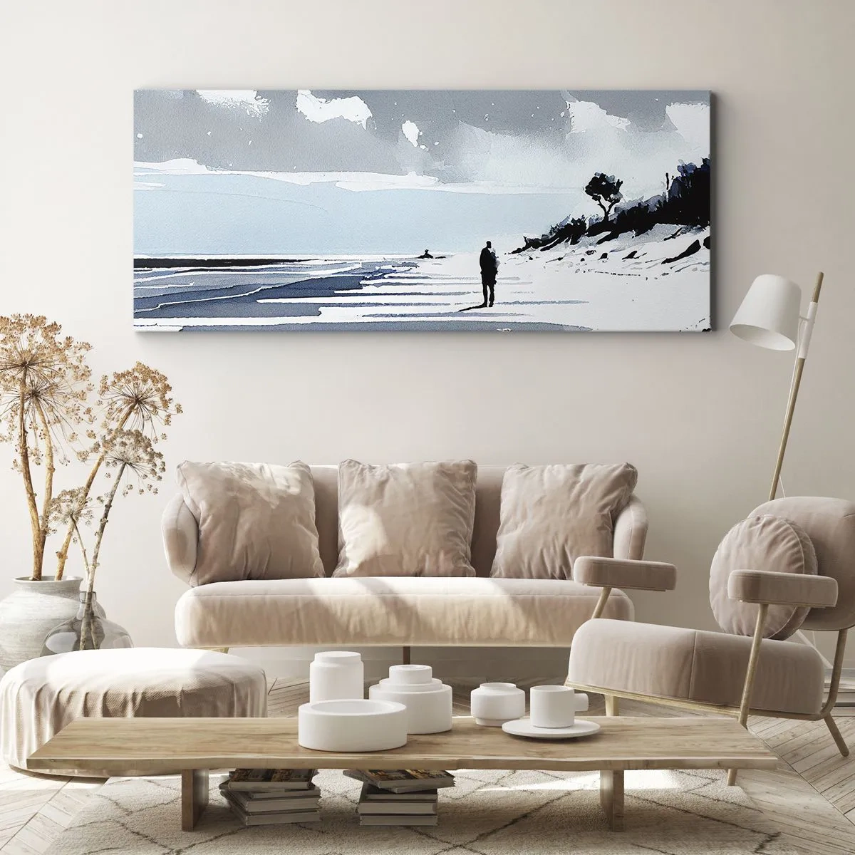 Cuadro sobre lienzo - Impresión de Imagen - Una figura solitaria caminando por una playa vacía - 140x50cm - Solo conmigo mismo - Decoración de pared moderna para salón y dormitorio ARTTOR