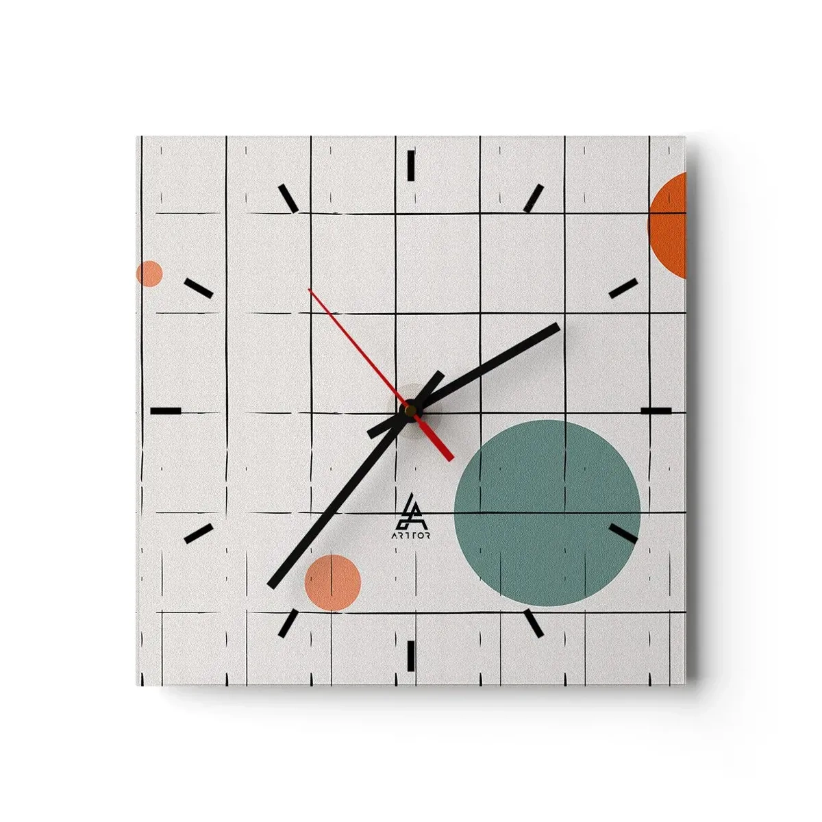 Reloj de pared - Reloj de vidrio - Círculos de colores abstractos sobre un fondo de cuadrícula geométrica - 30x30cm - Atrapados. ¿Nosotros o ellos? - Decoración de pared moderna para salón y dormitorio ARTTOR