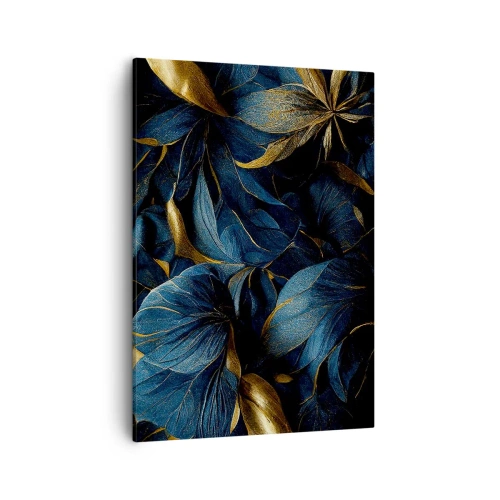Cuadro sobre lienzo - Impresión de Imagen - Hojas elegantes en tonos dorados y azul marino. - 50x70cm - Forradas de oro - Decoración de pared moderna para salón y dormitorio ARTTOR