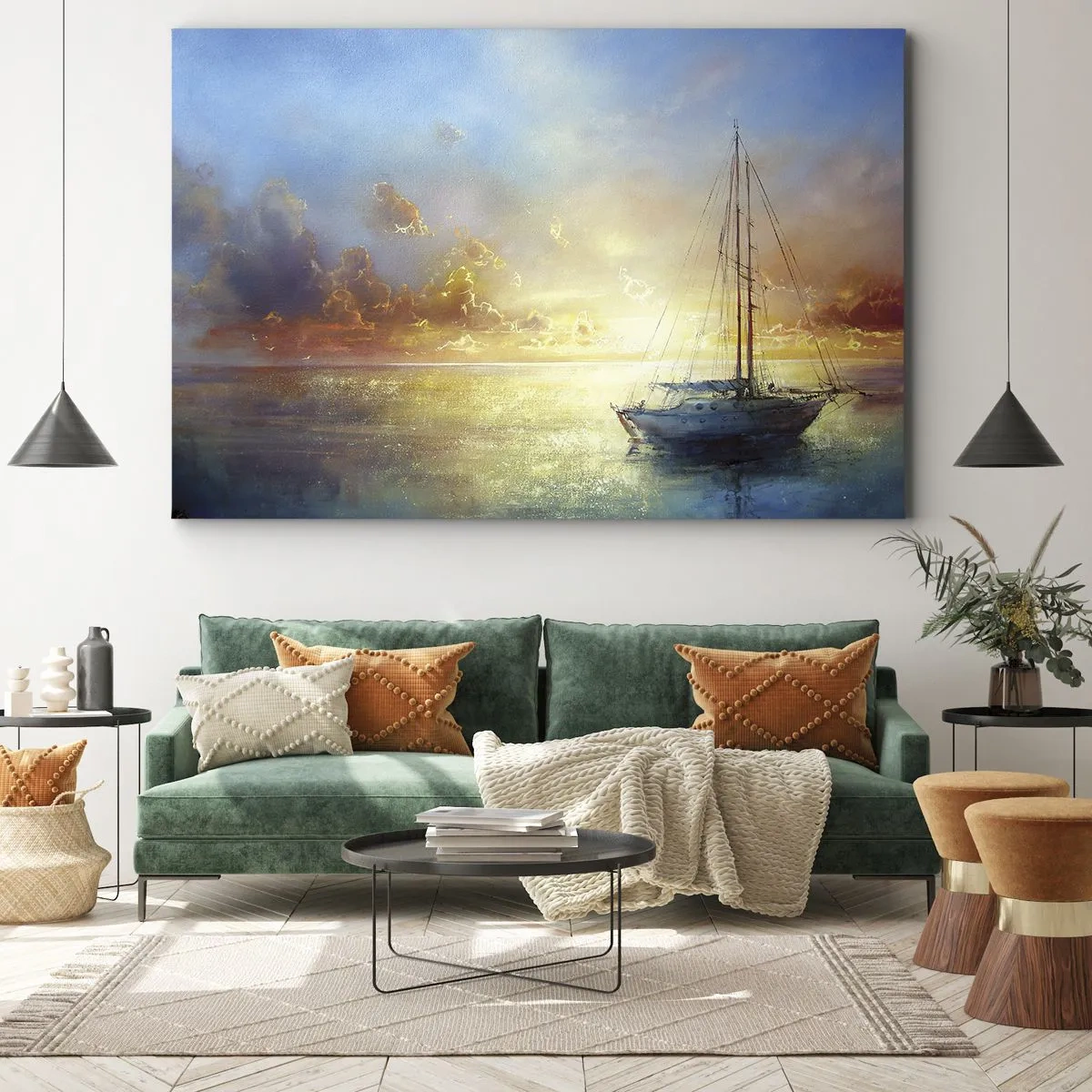 Cuadro sobre lienzo - Impresión de Imagen - Un yate en un mar tranquilo al atardecer. - 70x50cm - En una bahía dorada - Decoración de pared moderna para salón y dormitorio ARTTOR