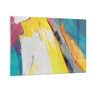Cuadro sobre vidrio - Impresiones sobre Vidrio - Pinceladas abstractas en amarillo, azul y blanco. - 120x80cm - Anatomía de la luz - Decoración de pared moderna para salón y dormitorio ARTTOR