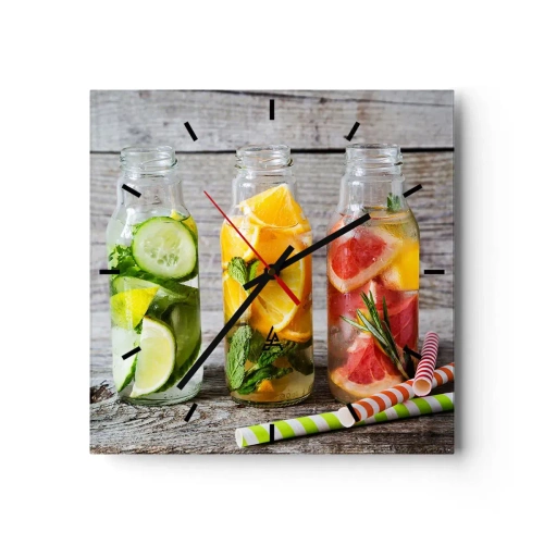 Reloj de pared - Reloj de vidrio - Botellas de agua de frutas y hierbas sobre un fondo de madera. - 30x30cm - Saludable por naturaleza - Decoración de pared moderna para salón y dormitorio ARTTOR