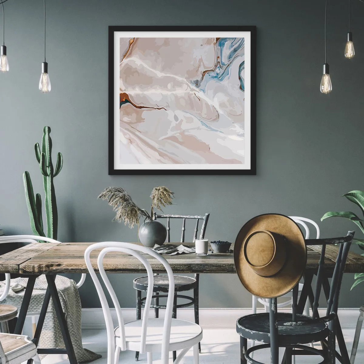 Póster en marco negro - El azul serpentea por el blanco - 40x40 cm