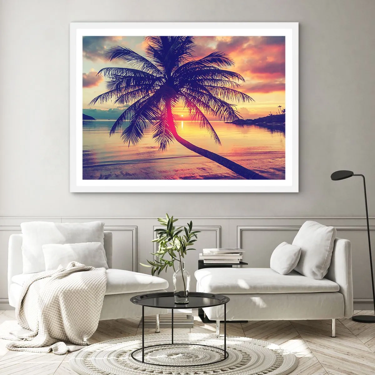 Póster en marco blanco - Atardecer bajo las palmeras - 40x30 cm