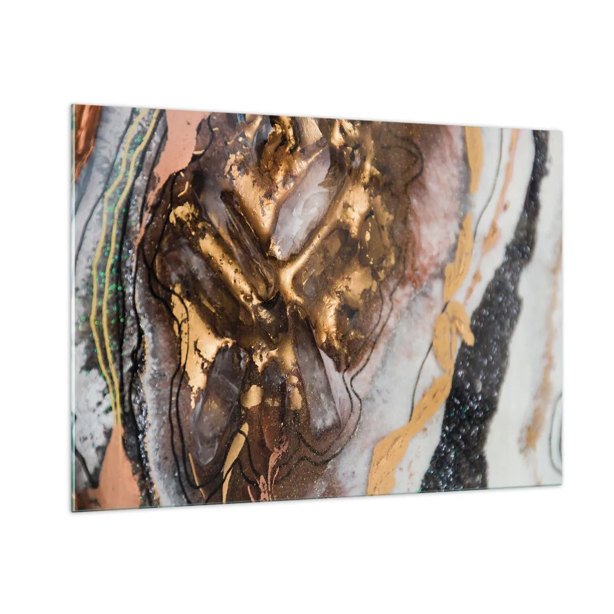 Cuadro sobre vidrio - Impresiones sobre Vidrio - Una pintura abstracta en tonos dorados, marrones y blancos con una textura mineral. - 100x70cm - Elemento de la tierra - Decoración de pared moderna para salón y dormitorio ARTTOR