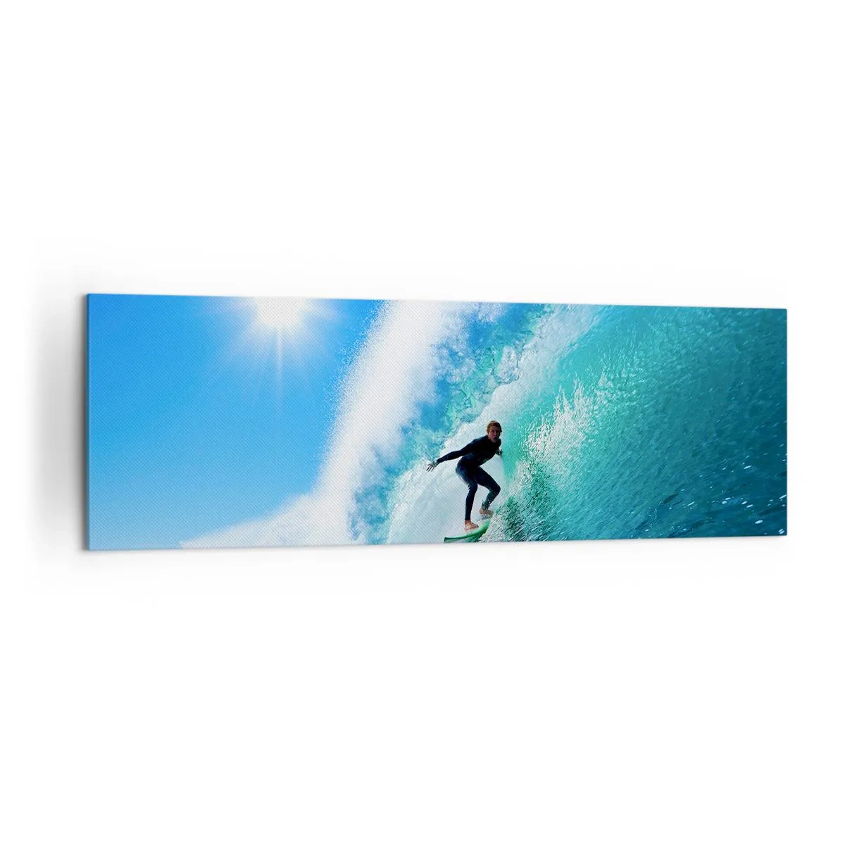 Cuadro sobre lienzo - Impresión de Imagen - Un surfista en una tabla se desliza dentro de una poderosa ola bajo un cielo azul. - 160x50cm - A través de la gran ola - Decoración de pared moderna para salón y dormitorio ARTTOR