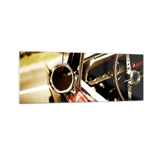 Cuadro sobre vidrio - Impresiones sobre Vidrio - Primer plano del espejo y el interior de un coche retro clásico. - 140x50cm - Un coche con alma - Decoración de pared moderna para salón y dormitorio ARTTOR