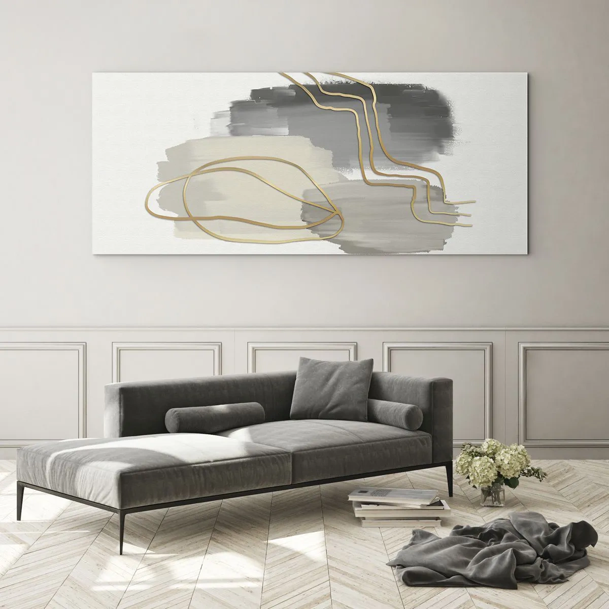Cuadro sobre vidrio - Impresiones sobre Vidrio - Líneas doradas abstractas sobre un fondo gris - 140x50cm - Persistencia y movimiento - Decoración de pared moderna para salón y dormitorio ARTTOR