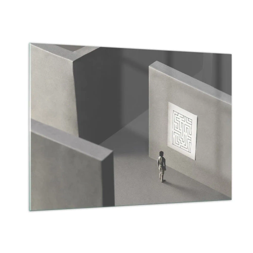 Cuadro sobre vidrio - Impresiones sobre Vidrio - Niño en un laberinto con un símbolo de acertijo - 100x70cm - ¿Pero dónde estoy? - Decoración de pared moderna para salón y dormitorio ARTTOR