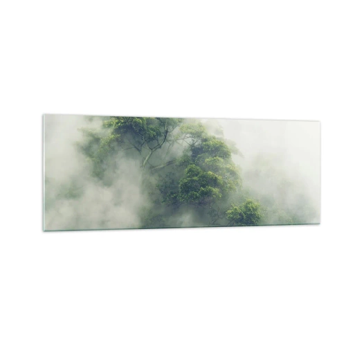 Cuadro sobre vidrio - Impresiones sobre Vidrio - Árboles verdes en una espesa niebla contra un fondo natural - 140x50cm - Envuelto en niebla - Decoración de pared moderna para salón y dormitorio ARTTOR
