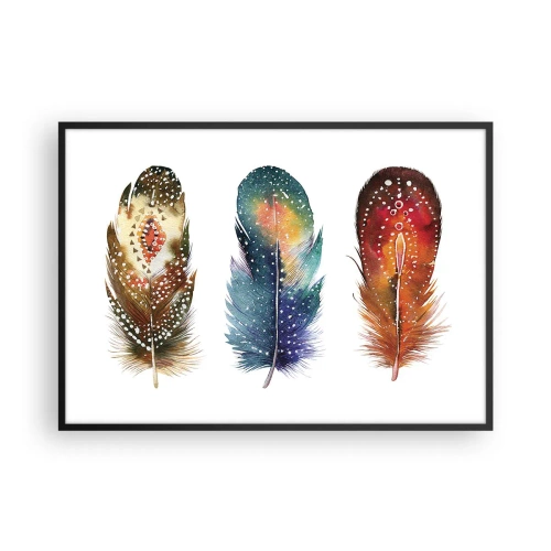 Póster en marco negro - Tres plumas de colores con patrones artísticos sobre un fondo claro. - 100x70cm - Rituales, ceremonias, secretos - Decoración de pared moderna para salón y dormitorio ARTTOR