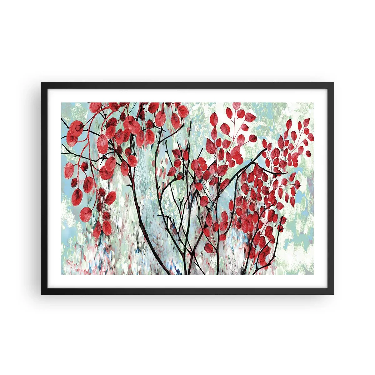 Póster en marco negro - Hojas rojas contra un cielo brillante con patrones abstractos. - 70x50cm - Un árbol en escarlata - Decoración de pared moderna para salón y dormitorio ARTTOR