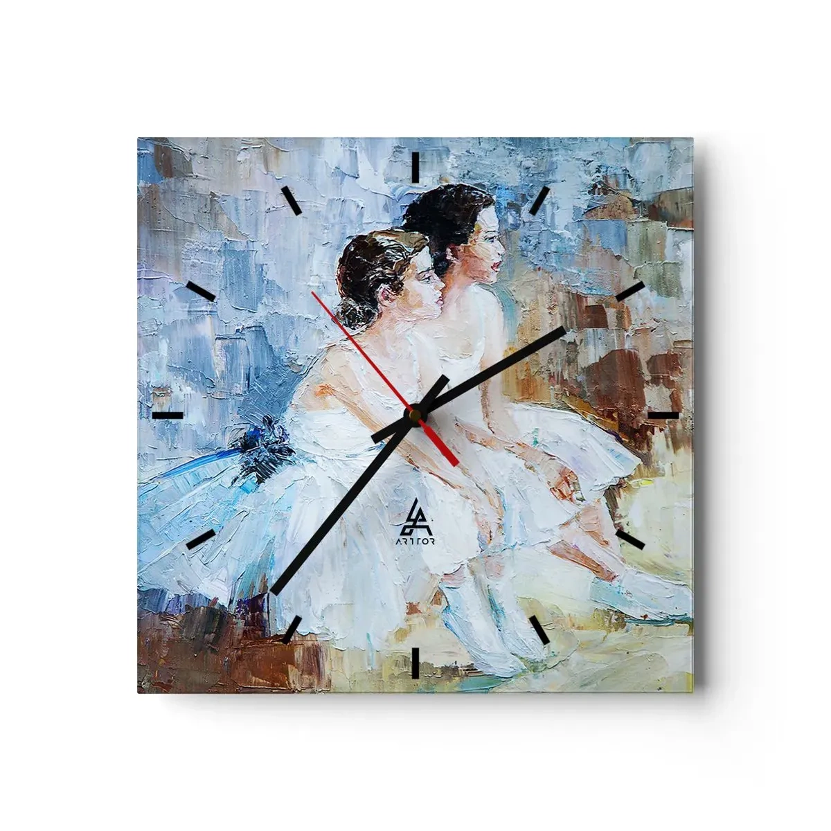 Reloj de pared - Reloj de vidrio - Dos bailarinas vestidas de blanco se relajan sobre un fondo pastel. - 30x30cm - Cisnes jóvenes descansando - Decoración de pared moderna para salón y dormitorio ARTTOR
