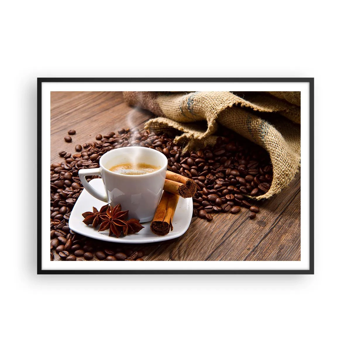 Póster en marco negro - Una taza de café con canela y anís sobre un fondo de granos de café. - 100x70cm - Sabor y aroma picante - Decoración de pared moderna para salón y dormitorio ARTTOR