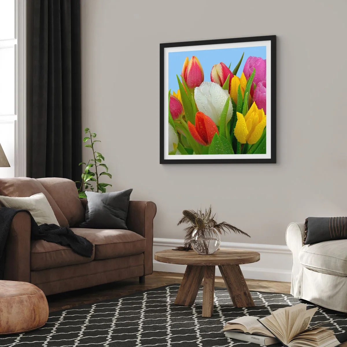 Póster en marco negro - Arco iris floral en gotas de rocío - 30x30 cm
