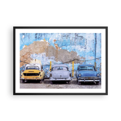 Póster en marco negro - Coches antiguos con un muro destruido como telón de fondo - 70x50cm - Reunión de veteranos - Decoración de pared moderna para salón y dormitorio ARTTOR