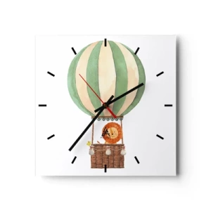 Reloj de pared - Reloj de vidrio - Un globo con un león sonriente en una canasta de color pastel. - 30x30cm - Los viajes del león - Decoración de pared moderna para salón y dormitorio ARTTOR