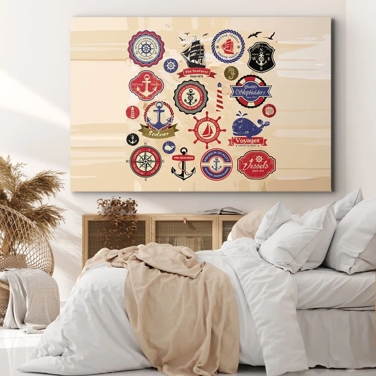 Cuadro sobre lienzo - Impresión de Imagen - Una colección de gráficos y símbolos náuticos sobre un fondo claro. - 120x80cm - Una fraternidad del mar - Decoración de pared moderna para salón y dormitorio ARTTOR