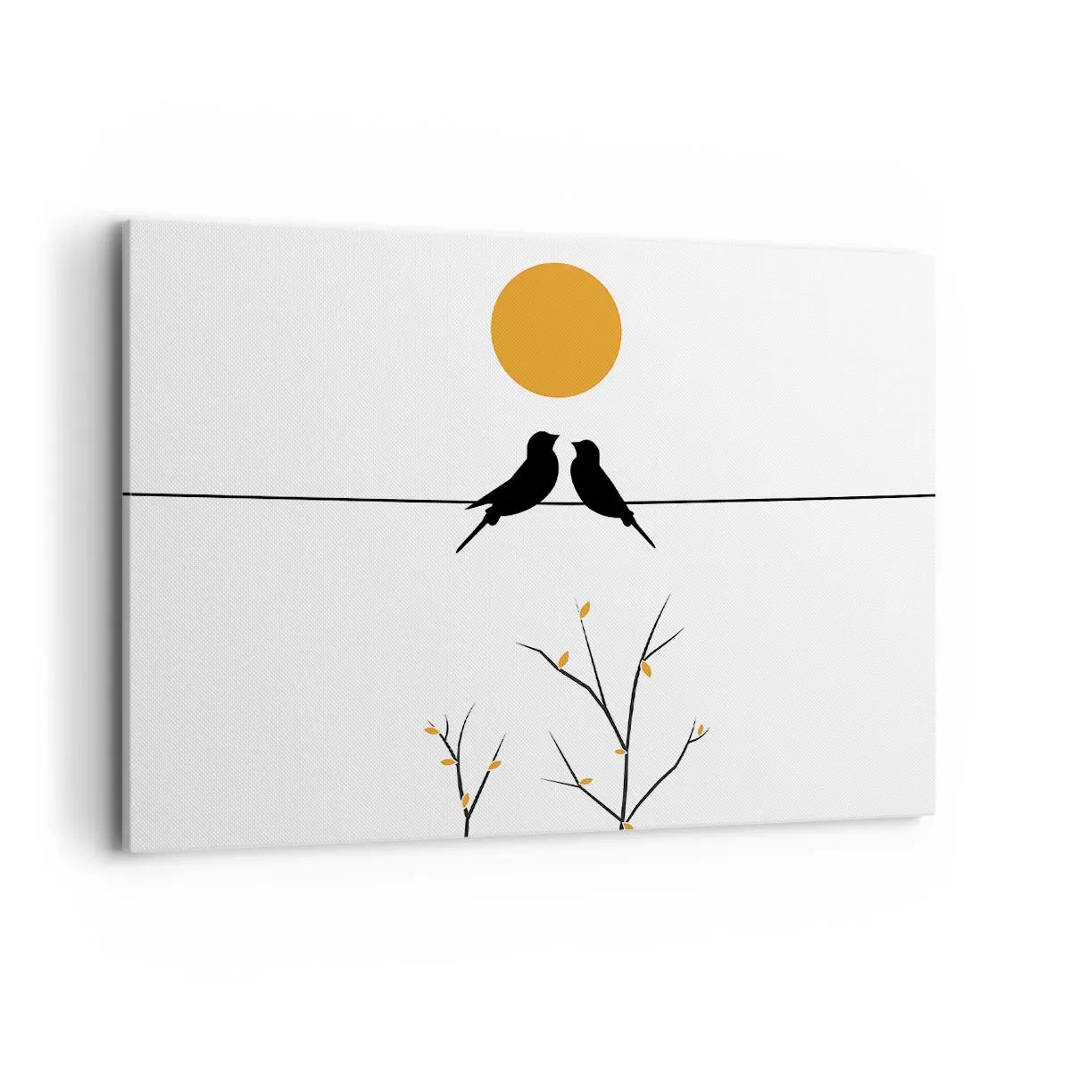 Cuadro sobre lienzo - Impresión de Imagen - Pájaros en una línea con un sol amarillo. - 100x70cm - Noche de ruiseñores - Decoración de pared moderna para salón y dormitorio ARTTOR