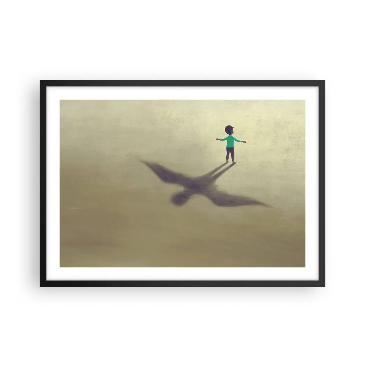 Póster en marco negro - Una figura simbólica de un niño con la sombra de un pájaro sobre un fondo de tonos cálidos. - 70x50cm - Héroe del futuro - Decoración de pared moderna para salón y dormitorio ARTTOR