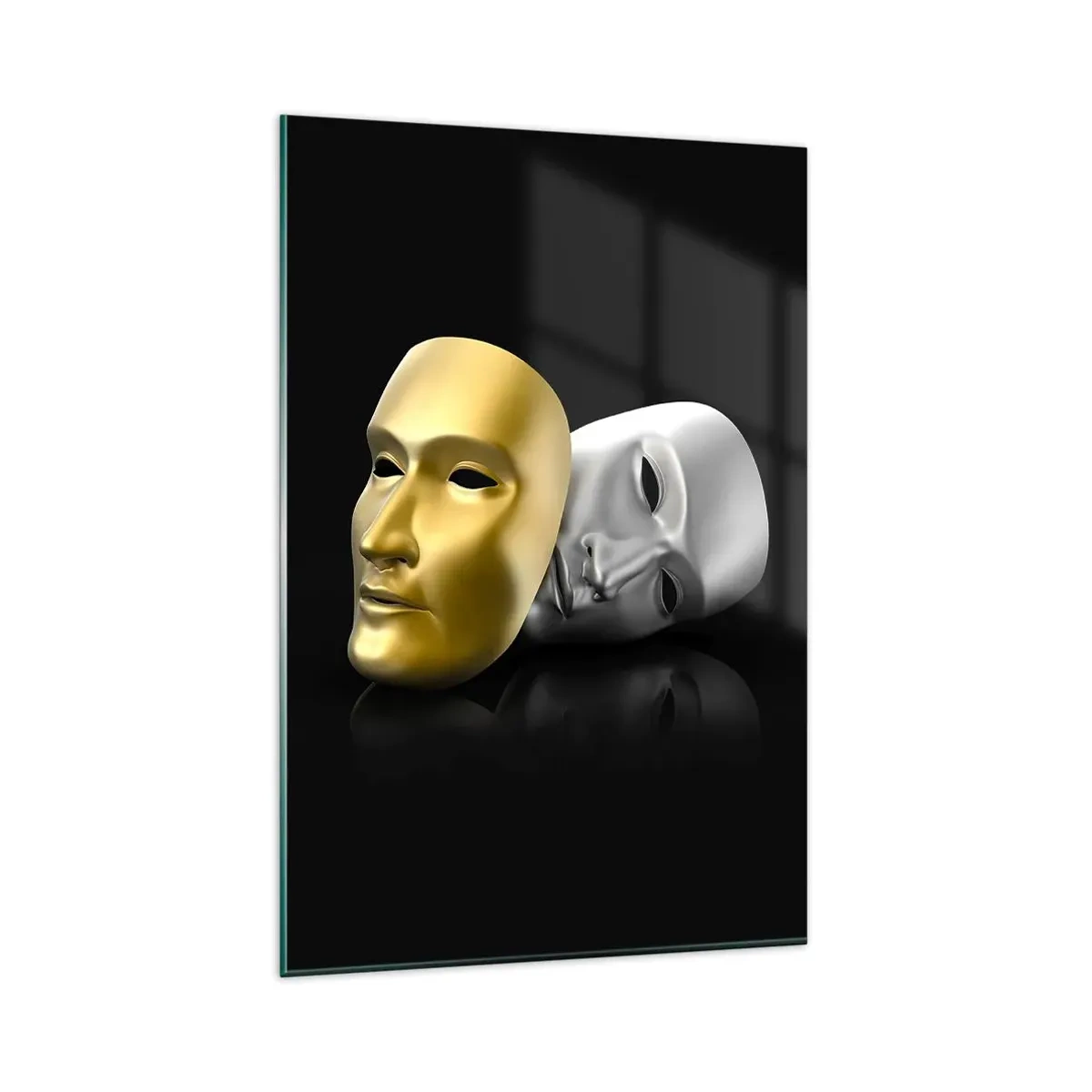 Cuadro sobre vidrio - Impresiones sobre Vidrio - Máscara de oro y plata sobre fondo negro. - 80x120cm - La vida es un teatro - Decoración de pared moderna para salón y dormitorio ARTTOR