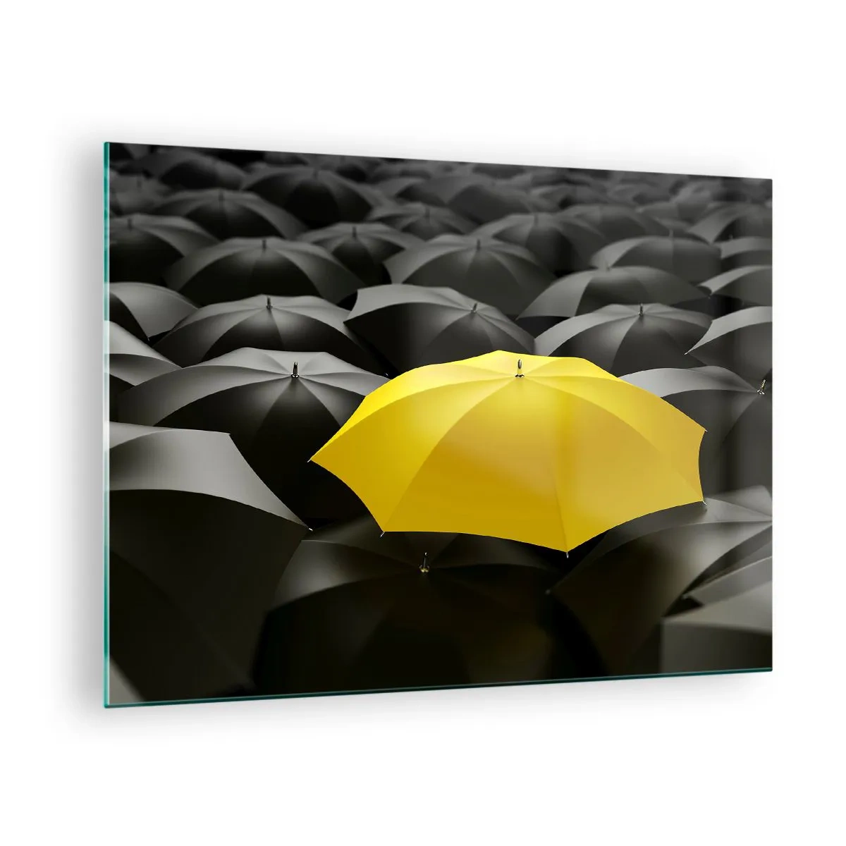 Cuadro sobre vidrio - Impresiones sobre Vidrio - Un paraguas amarillo que destaca entre los negros. - 70x50cm - Adiós a la tristeza - Decoración de pared moderna para salón y dormitorio ARTTOR