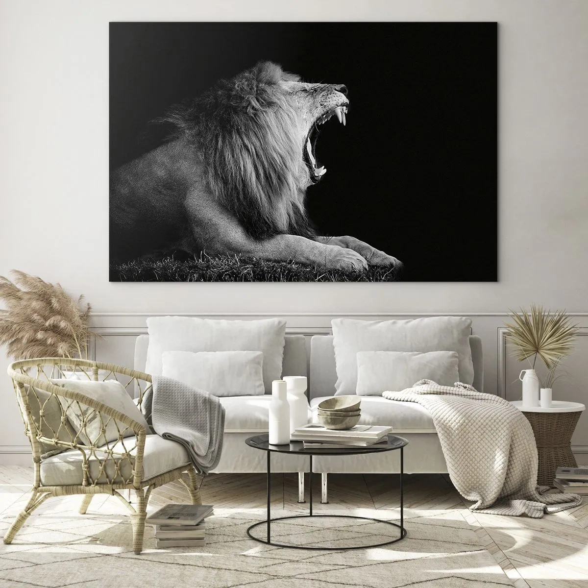 Cuadro sobre vidrio - Impresiones sobre Vidrio - Retrato en blanco y negro de un león rugiendo contra una sombra. - 70x50cm - Sin duda alguna - Decoración de pared moderna para salón y dormitorio ARTTOR