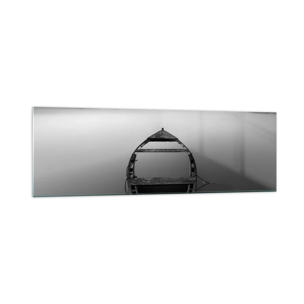Cuadro sobre vidrio - Impresiones sobre Vidrio - Un barco solitario en un lago tranquilo en tonos blanco y negro. - 160x50cm - Anhelo y melancolía - Decoración de pared moderna para salón y dormitorio ARTTOR