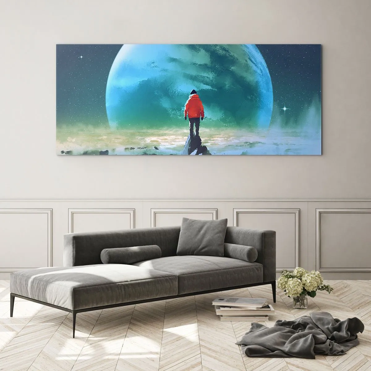 Cuadro sobre vidrio - Impresiones sobre Vidrio - Un hombre con una chaqueta roja de pie frente a un gran planeta con estrellas en el fondo. - 160x50cm - Descubridor de una nueva Tierra - Decoración de pared moderna para salón y dormitorio ARTTOR