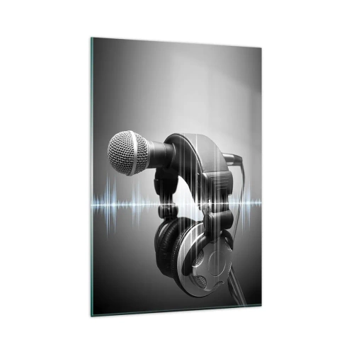Cuadro sobre vidrio - Impresiones sobre Vidrio - Micrófono y auriculares con visualización de ondas sonoras de fondo. - 80x120cm - Todavía se puede escuchar el canto - Decoración de pared moderna para salón y dormitorio ARTTOR